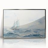 Art deco style sailboat poster in muted silver and blue tones, framed acrylic, ideal for modern nursery wall art.