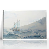 Mid-century modernist style sailboat print in muted blue tones on white acrylic, ideal for nursery wall art.