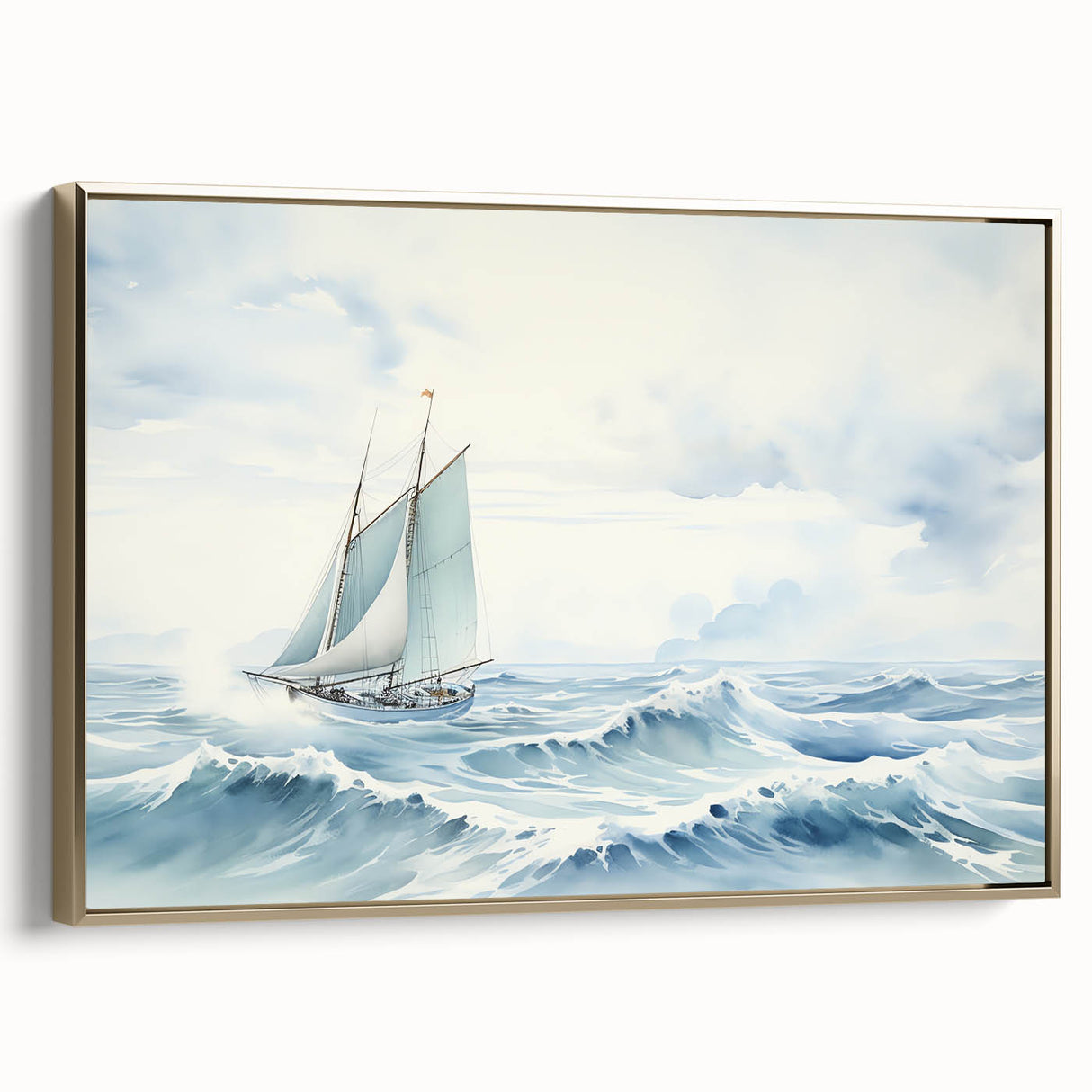 Framed canvas of a vintage sailboat, rendered in black with colorful accents, ideal for adding a nautical touch to any room.