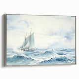 Vintage poster art of a sailboat, featuring a black and colorful palette on a silver-framed canvas.