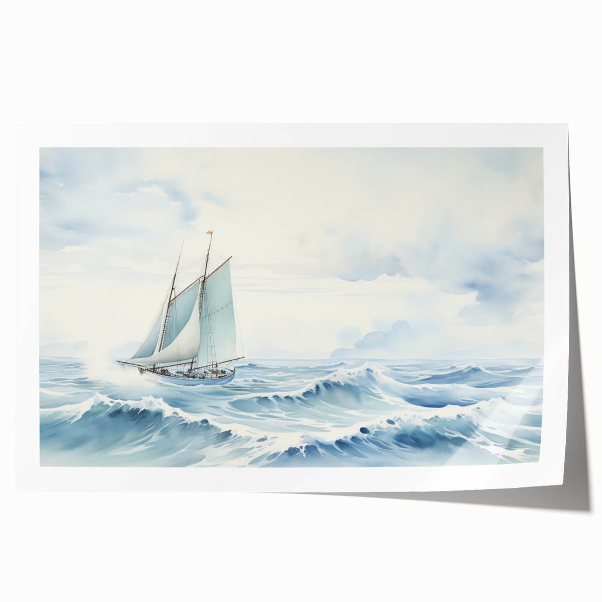 Extra large rolled print of a sailboat on calm waters, in muted blue and gray tones, ideal for art wall dining room.