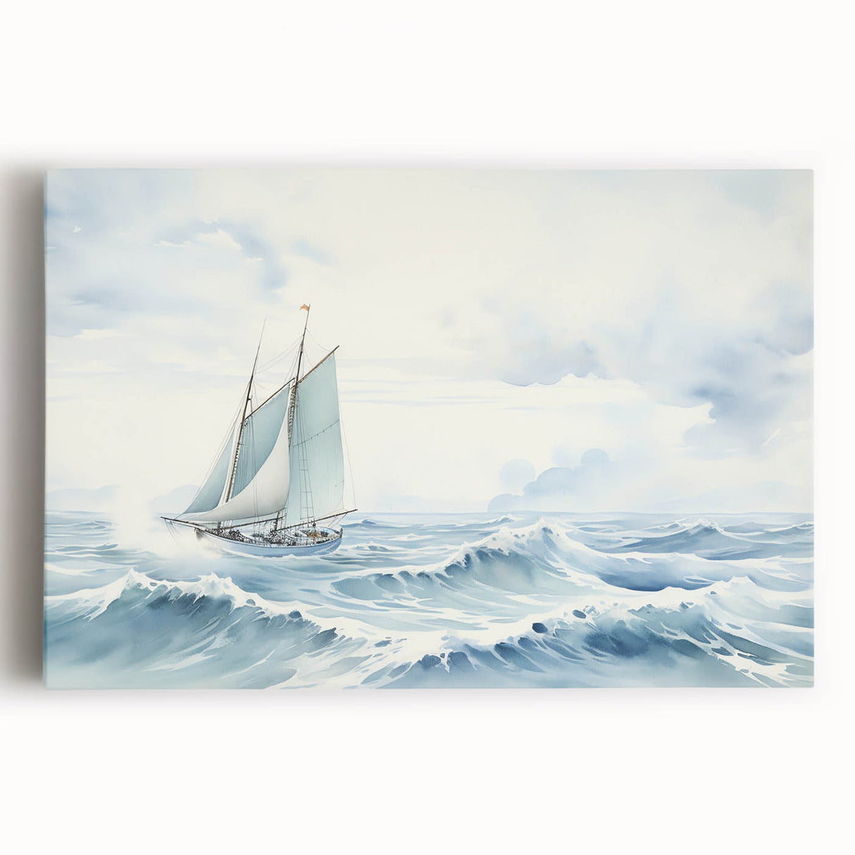 Black and white image of a sailboat on a stretched canvas, suitable as large kitchen wall art.