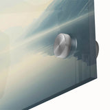 Large abstract wall art of a sailboat in muted blue and white tones on acrylic glass, ideal for dining room ambiance.