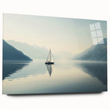 Side view of a sailboat depicted in muted blue and white tones on an acrylic print.