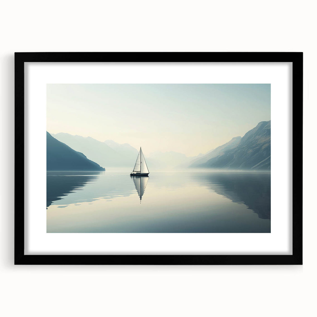 Extra large abstract art print of a colorful sailboat, textured detail, in a black frame with mat.