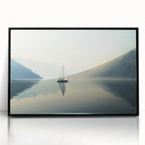 Large abstract wall art featuring a mid-century modernist sailboat design in black and white, framed in acrylic.