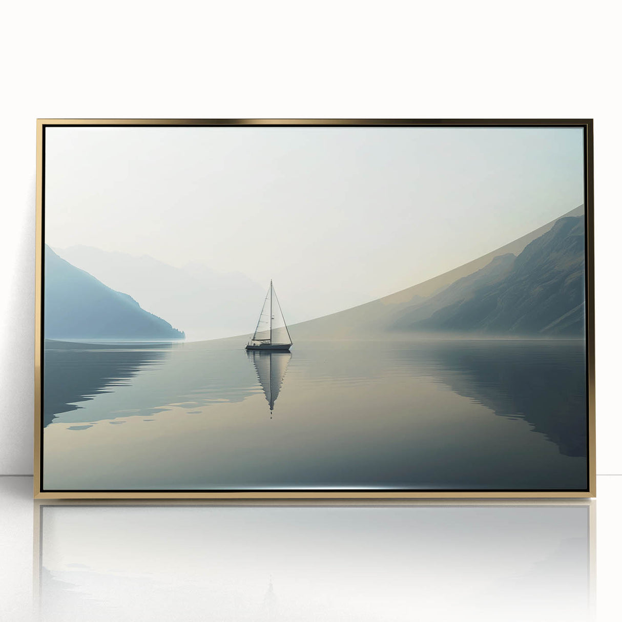 Mid-century modernist sailboat illustration in acrylic, with muted blue and gold tones, framed, ideal for nursery wall art.