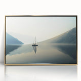 Mid-century modernist sailboat illustration in acrylic, with muted blue and gold tones, framed, ideal for nursery wall art.