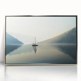 Art deco style sailboat in shades of blue and silver, framed acrylic print, suitable for modern nursery wall decor.