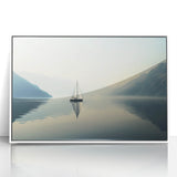 Mid-century modernist sailboat artwork in muted blues and whites on framed acrylic, ideal for nursery wall decor.