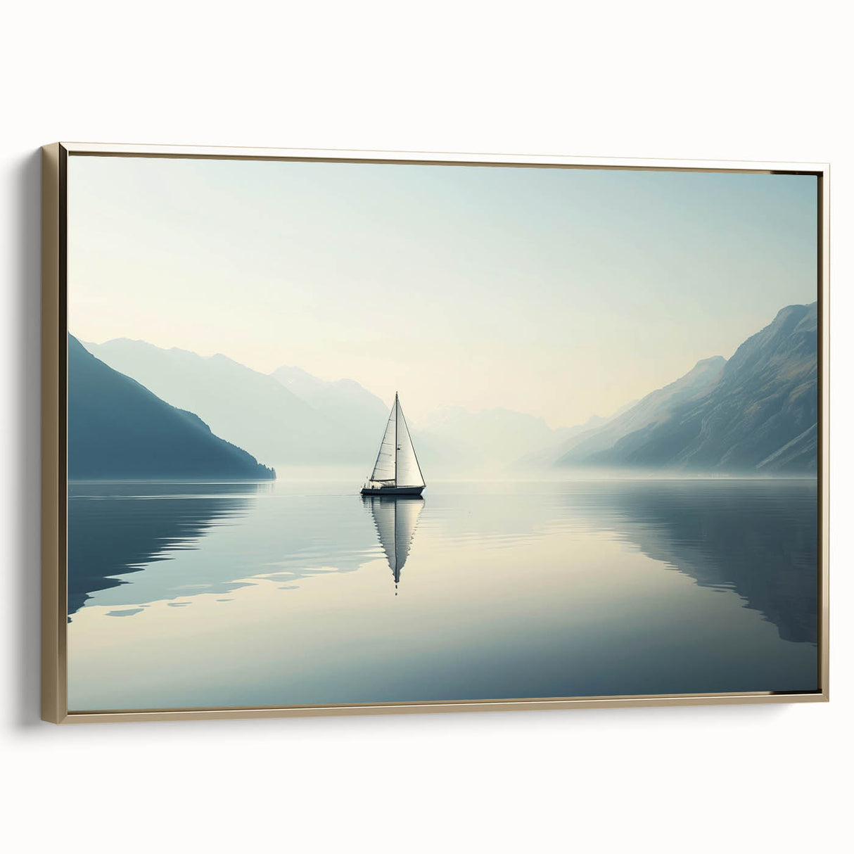 Framed canvas depicting a vintage sailboat on a vibrant blue and gold sea, suitable for nautical-themed room decor.
