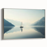 Vintage poster art of a sailboat on a silver-framed canvas, featuring a black and colorful palette.