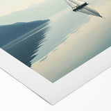 Art deco poster featuring a sailboat on vibrant blue water, printed on rolled canvas, suitable for dining room decor.