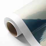 Art deco style sailboat poster in pastel blue and white, printed on rolled canvas, ideal for nursery wall art.