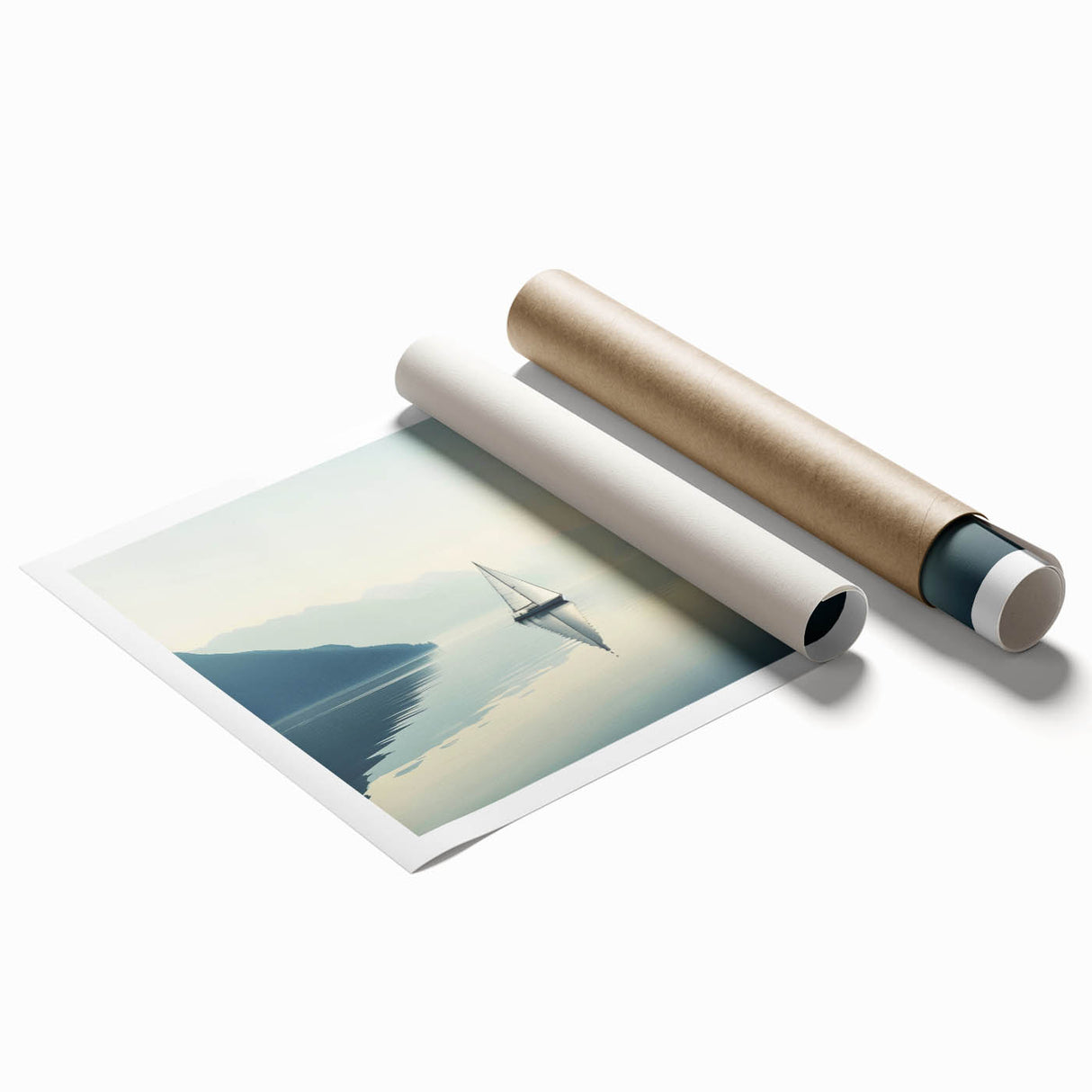 Extra large rolled print of a sailboat on calm waters, rendered in soft blue and white tones.