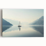 Black and white photograph of a sailboat on calm waters, printed on large stretched canvas, ideal for kitchen wall art.