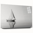 Acrylic print of a side-view sailboat in muted blue and white tones, suitable for bedroom or dining room decor.