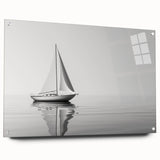 Acrylic print of a side-view sailboat in muted blue and white tones, suitable for bedroom or dining room decor.