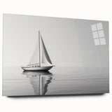 Side view of a large abstract sailboat print in muted blues and whites on acrylic glass.
