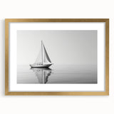 Abstract sailboat design in textured art style on gold-framed mat, featuring cool blue and white tones.