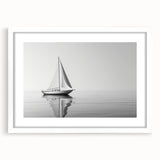 Extra large abstract art print of a sailboat with textured brush strokes in blue and white, framed with a white mat.