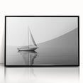 Large abstract wall art of a sailboat, in muted blue and white tones, framed in black acrylic.