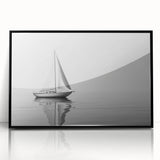 Large abstract wall art of a sailboat, in muted blue and white tones, framed in black acrylic.