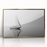 Mid-century modernist art of a sailboat, acrylic print in gold frame, ideal for nursery wall art.