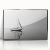 Framed acrylic print of a sailboat in silver, ideal for modern art wall decor or nursery.