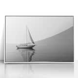 Framed acrylic print of a mid-century modernist style sailboat, using a palette of blue and white.