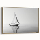 Landscape art painting of a sailboat on water, framed canvas with gold detailing, in muted blue and white tones.