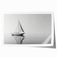 Art print of a sailboat on a serene lake, rendered in soft blue and white, on rolled canvas, suitable for dining room decor.