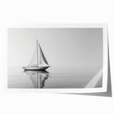 Art print of a sailboat on a serene lake, rendered in soft blue and white, on rolled canvas, suitable for dining room decor.