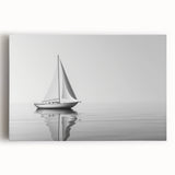 Black and white photo of a sailboat on a calm sea, printed on large stretched canvas, suitable for kitchen wall art.
