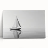 Black and white photo of a sailboat on stretched canvas, suitable as large kitchen wall art or for a bedroom.