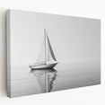 Sailboat on tranquil waters, muted blue and white tones on stretched canvas, suitable for kitchen wall art.