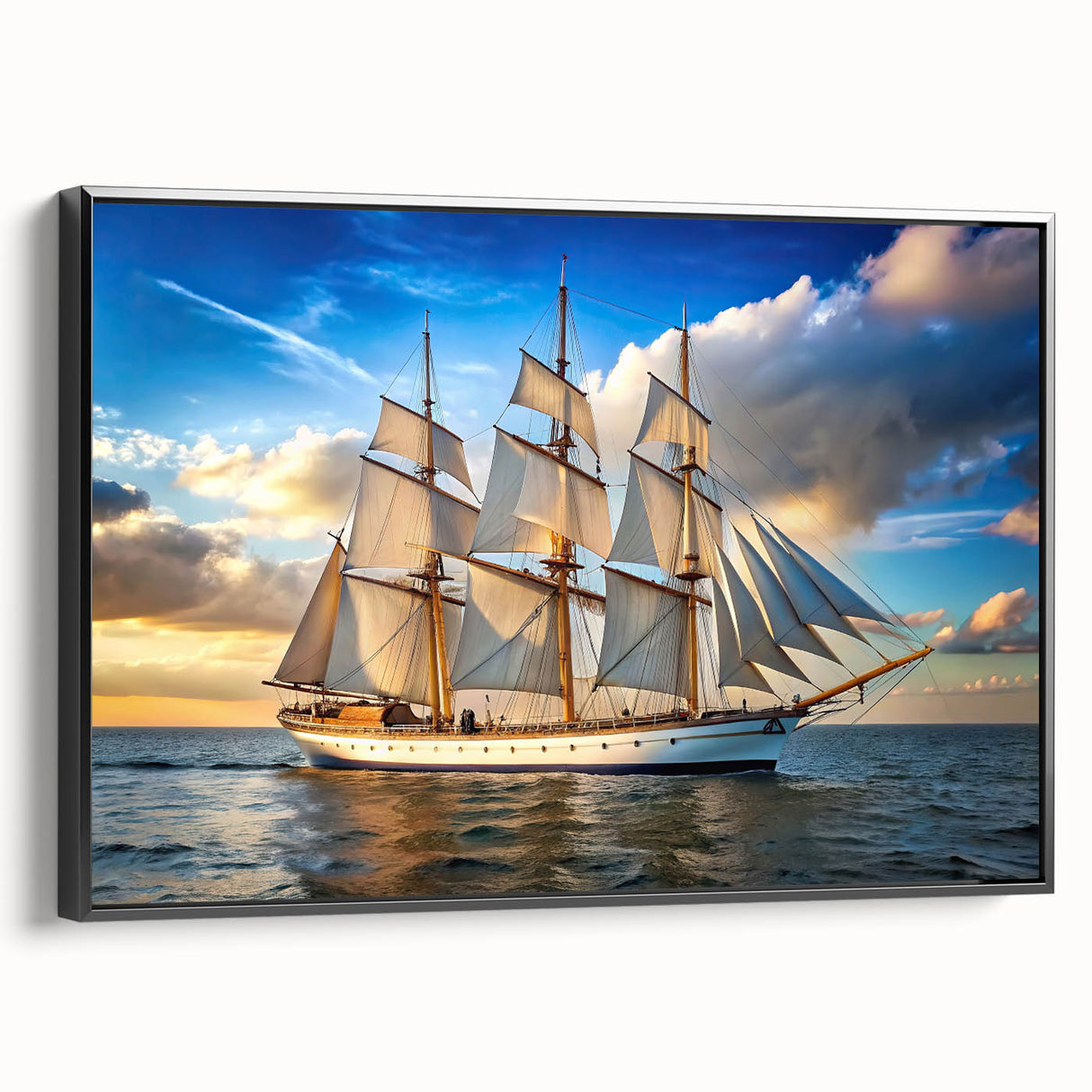 Black and white framed canvas featuring a vintage poster art style sailboat on calm waters, ideal for bedroom wall decor.