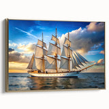 Framed canvas featuring a vintage-style sailboat on a colorful sea, ideal for adding nautical charm to any room.