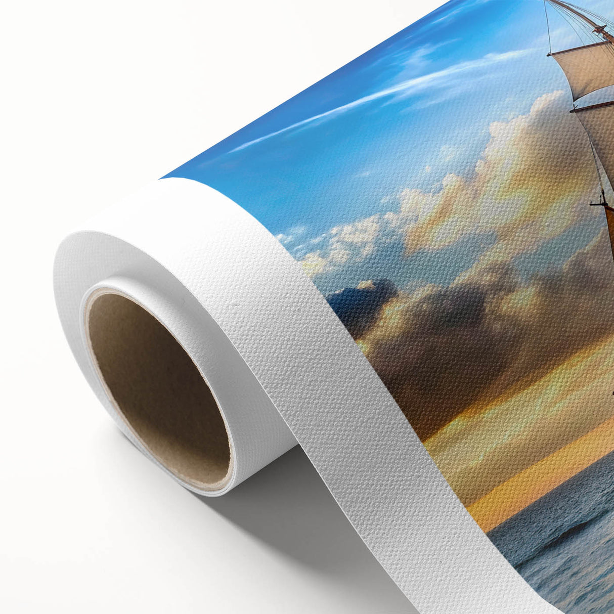 Art deco style sailboat illustration in muted blue and gray tones on rolled canvas, ideal for nursery wall art.