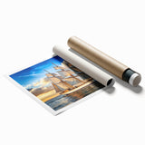 Extra large wall art featuring a sailboat on calm waters, rendered in soft blue and white tones on a rolled canvas.