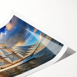 Extra large wall art featuring a line art sailboat on a muted blue and white background, ideal for large living room decor.