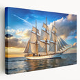 Sailboat on serene water depicted in muted blue and white tones on a stretched canvas, ideal for kitchen wall art.