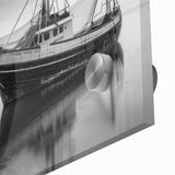 Large abstract wall art depicting sailboats in vibrant blue and white tones on acrylic glass.