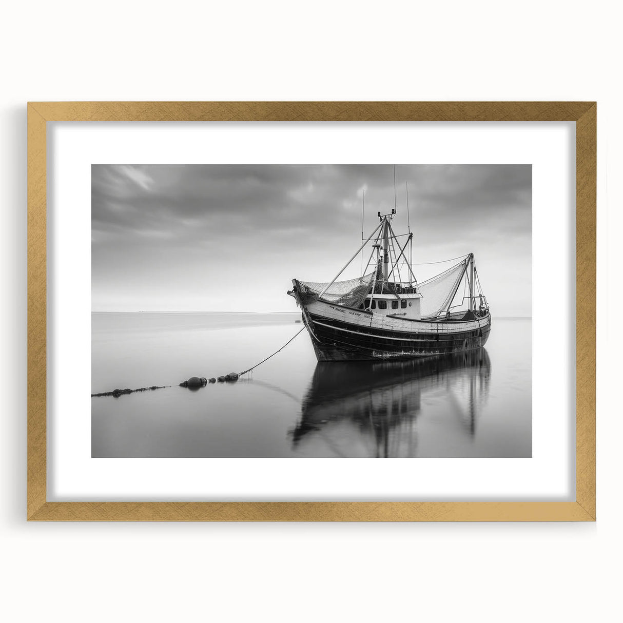 Textured art print of an abstract sailboat in muted blue and gold tones on a gold-framed canvas.