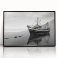 Large abstract wall art featuring a sailboat in muted blue and white tones, framed in black acrylic.