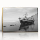 Framed acrylic art of a mid-century modernist sailboat in cool blues and whites, ideal for nursery wall art.