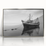 Framed acrylic print featuring a minimalist sailboat design in muted blue and white tones.