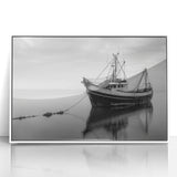 Mid-century modernist style sailboat on muted blue and white background, acrylic print in white frame.