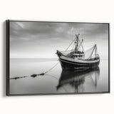 Black and white framed canvas featuring a vintage sailboat on calm waters, suitable for bedroom wall art.
