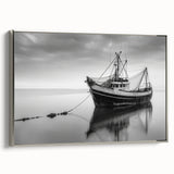 Vintage poster art of a sailboat, rendered in black with colorful accents on a silver-framed canvas.